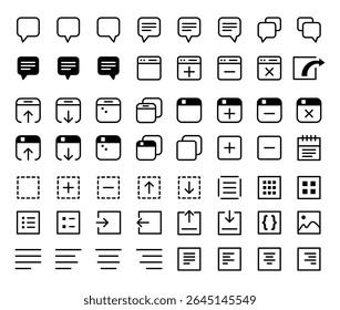 Minimal black web and UI icon set. Includes chat, window, file, calendar, folder, layout, upload, download, and text editor symbols. Perfect for websites, apps, and digital interface design.