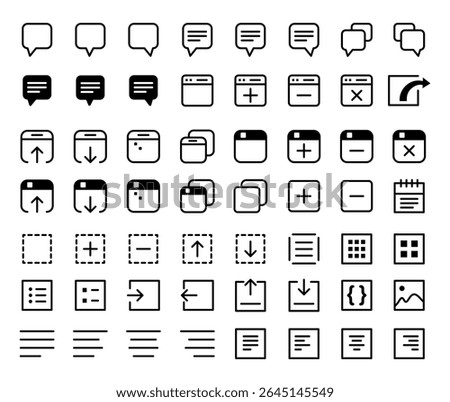 Minimal black web and UI icon set. Includes chat, window, file, calendar, folder, layout, upload, download, and text editor symbols. Perfect for websites, apps, and digital interface design.
