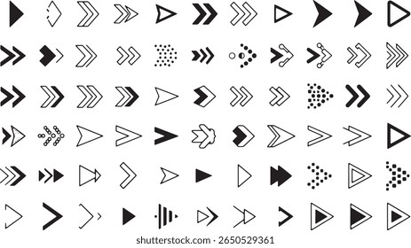 Minimal black and white arrow icon set with over 70 unique styles including solid, outline, chevron, dotted, abstract, triangle and directional arrow symbols. Clean, modern vector design.