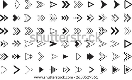 Minimal black and white arrow icon set with over 70 unique styles including solid, outline, chevron, dotted, abstract, triangle and directional arrow symbols. Clean, modern vector design.