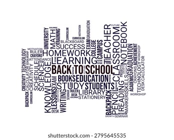 Minimal black and white back to school word cloud with clean educational typography layout.