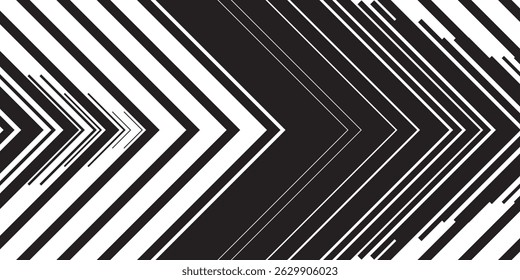 Plano de Fundo Preto e Branco Mínimo com Seta para a Direita. Transição Listrada de Linhas Estritas Abstratas Pretas para Brancas. Padrão Simples. Ilustração de vetor.