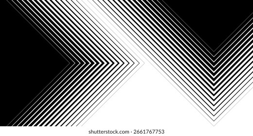 Minimaler schwarz-weißer Hintergrund mit Pfeil nach rechts. Gestreifter Übergang von schwarzen Linien zu weißen abstrakten Linien. Einfaches Muster.