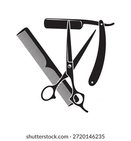 Ilustración mínima de herramientas de barbero en blanco y negro con tijeras, peine, maquinilla de afeitar recta y pincel dispuestos en una composición creativa de estilo tipográfico.