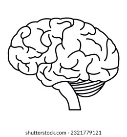 Minimal black and white brain icon in profile. Black line drawing. Vector illustration