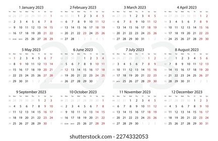 minimal black and white calendar 2023
