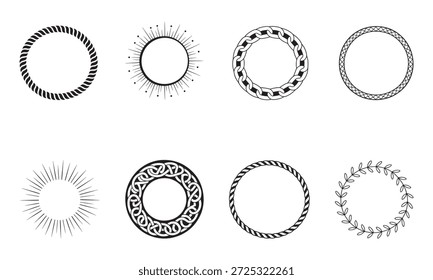 Minimal black and white circle icon set with clean outlines and simple geometric style. Perfect for user interface design, app icons, web elements, infographics, presentations, and modern branding projects. Elegant and versatile visual elements.