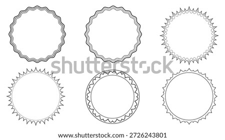 Minimal Black and White Circular Stamp Frame Set With Wavy, Scalloped and Dotted Borders, Clean Outline Vector Badges for Logos, Labels, Emblems, Packaging, Certificates and Vintage Design Templates