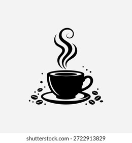 Minimale schwarz-weiße Kaffeetasse Vektorgrafik mit Dampf und Kaffeebohnen. Dieses monochrome Silhouettendesign ist einzeln auf weißem Hintergrund und ideal für Café-Logos, Coffee-Shop-Branding, Menüs, Verpackungen, Poster, Symbole, Beschilderungen und moderne Grafikdesign-Projekte.