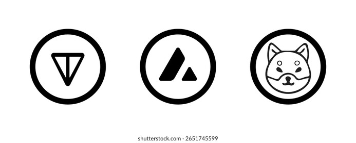 Mínimos ícones de rabiscar preto e branco de Toncoin, Avalanche e Shiba Inu. Conjunto de vetores de contorno desenhado à mão. Perfeito para painéis de criptografia, aplicativos fintech, interface do usuário, NFTs e treinamento blockchain.