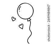 Minimal black and white drawing of a balloon with string and two small floating hearts, designed in a flat linear style, evoking feelings of childhood, innocence, and lightness