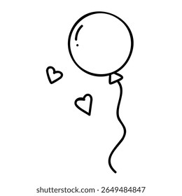 Minimal black and white drawing of a balloon with string and two small floating hearts, designed in a flat linear style, evoking feelings of childhood, innocence, and lightness