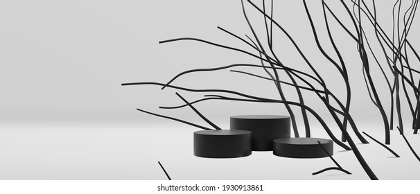 Minimal black and white empty podium template for product display presentation with realistic abstract branches vector