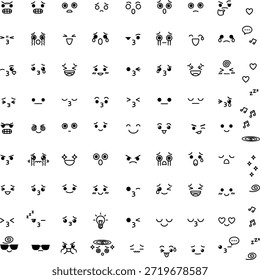 Minimal black and white facial expression icon set featuring various cute and funny emotions.
Includes smiling, laughing, crying, angry, surprised, sad, sleepy, confused, playful, and neutral faces.
Simple bold line style, flat design, isolated on white background.