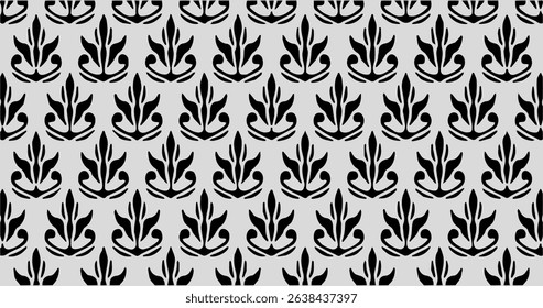 Minimal black and white floral vector with clean, upright leaf motifs in a repeated seamless arrangement.