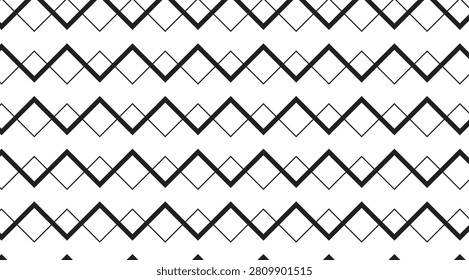 Minimal black and white geometric pattern featuring repeated zigzag and diamond rows. High-contrast seamless background suitable for modern wallpaper, textile design, branding, web backgrounds, and graphic projects.