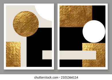 Minimal black, white, gold, grey geometric art composition. Wall decor, cover, design. Simple balanced forms.