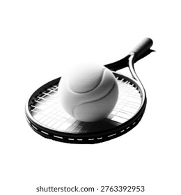 Minimal black and white halftone illustration of a tennis racket with ball, dynamic sports concept isolated on white background.