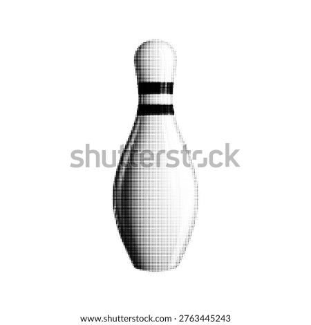 Minimal black and white halftone illustration of a bowling pin, sports and leisure game concept isolated on white background.
