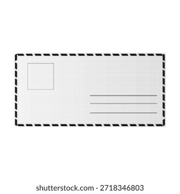 Plantilla mínima de tarjeta postal semitono en blanco y negro con borde discontinuo, líneas de Dirección y marcador de posición de sello. Textura retro punteada para correo postal, mensajes, correspondencia y diseño de impresión.