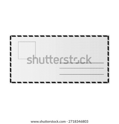 Minimal black and white halftone postcard template with dashed border, address lines and stamp placeholder. Retro dotted texture for postal mail, message, correspondence and print design.