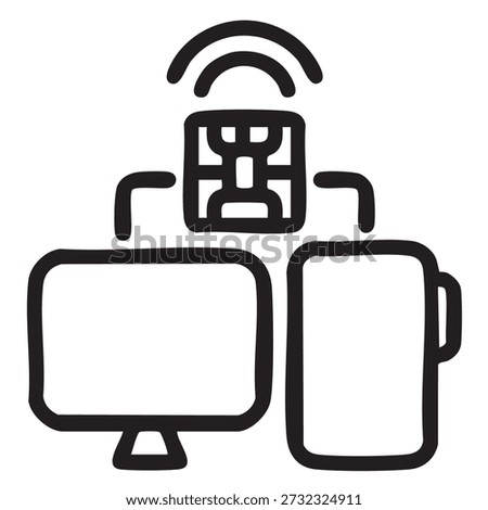 Minimal black and white icon of a desktop computer and smartphone connected with wireless signal, representing device synchronization, cross platform connectivity, data sharing and modern digital technology.