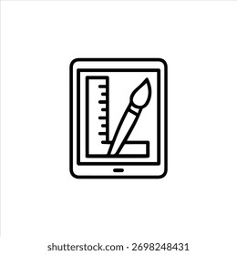 Ícone preto e branco mínimo de uma mesa digitalizadora digital com pincel e régua, representando criatividade, ilustração digital e ferramentas de design gráfico.