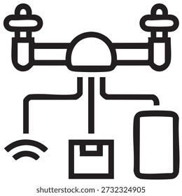 Minimales Schwarz-Weiß-Symbol einer Drohne, die mit mehreren Geräten verbunden ist und drahtlose Signale anzeigt, die IoT-Systeme, intelligente Technologie, Gerätekonnektivität und Netzwerkkommunikation darstellen