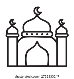 Minimal black and white icon of a mosque with domes and minarets, representing Islamic worship, religious heritage, Muslim faith, cultural identity and sacred architecture