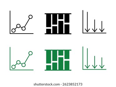 Conjunto de iconos en blanco y negro mínimo con un gráfico de líneas de nodo, gráfico de barras mixtas y flechas hacia abajo ideal para paneles, informes y análisis con un diseño limpio, moderno y versátil.
