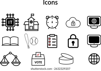 Minimal black and white icon set featuring technology, education, security, and lifestyle themes