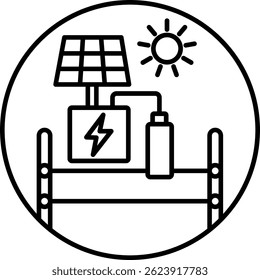 Minimal black and white icon showing solar panel, battery, sun and energy symbol representing renewable energy and power storage.
