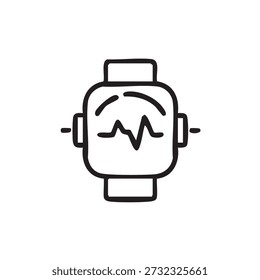 Icono blanco y negro mínimo de un reloj inteligente que muestra la forma de onda del latido del corazón, que representa el monitoreo de la salud, el seguimiento de la aptitud, la tecnología portátil y los conceptos de bienestar digital.