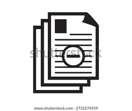 Minimal black and white icon of stacked documents with a minus symbol, representing document removal, file deletion, content reduction, data management and office workflow concepts.