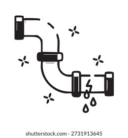 Minimale Schwarz-Weiß-Illustration eines defekten Wasserrohrlecks, das Sanitär-Probleme, Wasserleckage, Wartungsprobleme, Reparatur-Services und Haushaltsschaden-Konzepte darstellt.