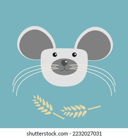 A minimal black and white image of a mouse with big ears and long whiskers with yellow ears of wheat. Vector illustration isolated on a blue background.