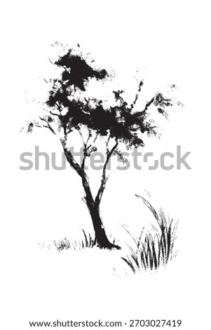 Minimal black and white ink study of a slender tree with sparse branches and textured foliage evoking quiet contemplation