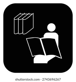 Minimal black and white library icon featuring a person reading an open book with stacked books symbol. Clean, high-contrast pictogram ideal for schools, universities, public libraries, and study areas. Perfect for signage systems, educational materials, mobile apps, and wayfinding design projects.