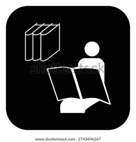 Minimal black and white library icon featuring a person reading an open book with stacked books symbol. Clean, high-contrast pictogram ideal for schools, universities, public libraries, and study areas. Perfect for signage systems, educational materials, mobile apps, and wayfinding design projects.
