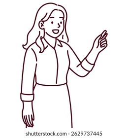 Minimal black and white line art of a confident woman in formal shirt pointing forward as if giving a lecture or presentation, suitable for education or web outline illustrations