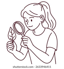 Minimal black and white line illustration of a young girl examining a leaf with a magnifying glass. Represents curiosity, science learning, and nature exploration