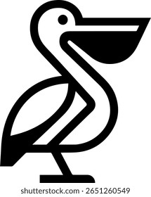 A minimal, black and white logomark featuring a creative and stylized Pelican