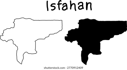 Minimal black and white map of Isfahan province, featuring clean outline and bold filled silhouette, simple modern geographic vector illustration.