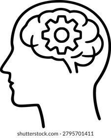 Minimal black and white mental process icon featuring a human head outline with a brain and gear symbol, representing thinking process, cognitive function, problem solving, mindset, psychology, innovation, brain activity, and intelligent workflow. Suitable for websites, apps, presentations, education materials, business strategy, psychology content, and technology design projects.