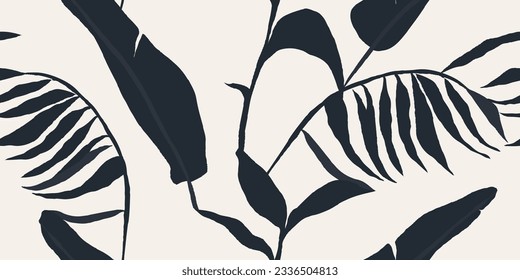 Minimal black and white modern botanical print. Hand drawn leaves silhouette collage contemporary seamless pattern. 