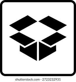 Logotipo minimalista de caja abierta en blanco y negro hecho de Formas de cubo geométricas. Representa el embalaje, la entrega, la logística y el almacenamiento. Diseño plano simple, aislado en el fondo blanco, totalmente editable y conveniente para el uso de la marca, del Web, del App, y de la impresión.
