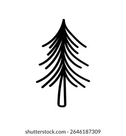 A minimal black and white outline graphic of a pine tree. The tree is stylized with hand drawn lines, vector illustration style