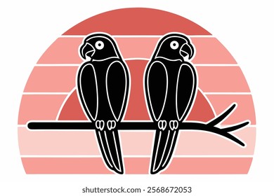 Minimal Black and White Parrot Couple on Branch Vector Illustration