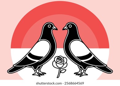 Minimal Black and White Pigeon Couple with Rose Vector Illustration