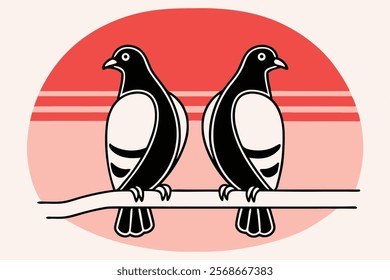 Minimal Black and White Pigeon Couple on Branch Vector Illustration